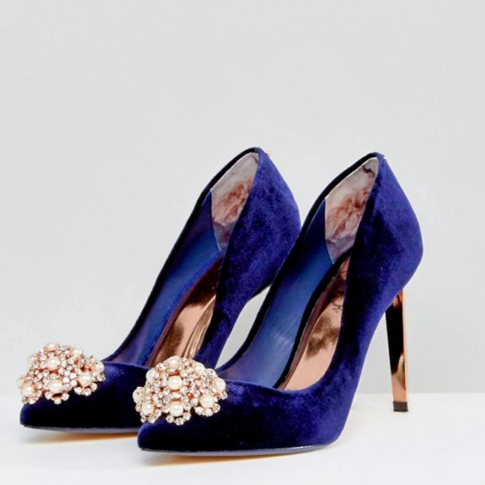 Ted Baker London Navy Velvet Heels with Pearl Details